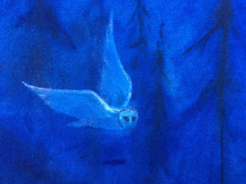 "Valley Mist Owl" (detail) original Acrylic Tapestry Painting by Katrina Meister
