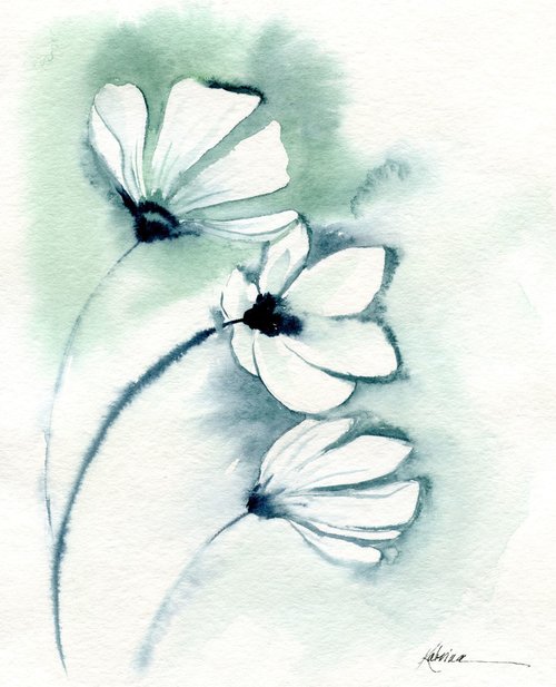 watercolor painting of white blossoms on thin stems with green/blue wash behind