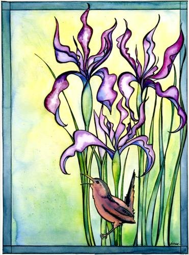 Wild Iris and Marsh Wren Note Card