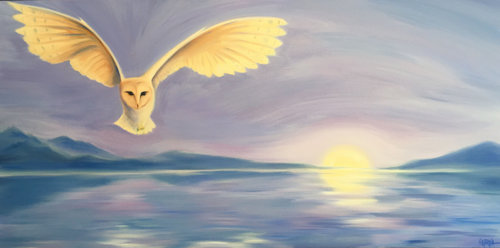 oil painting of soaring barn owl over water with a lavender sky and moon