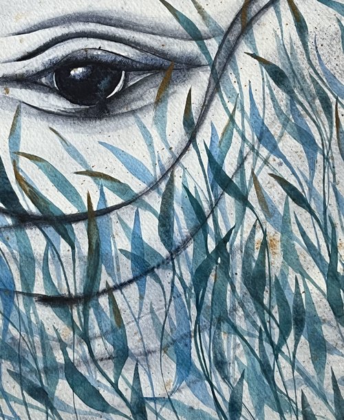 detail of Watercolor painting of whale eye and sea grass
