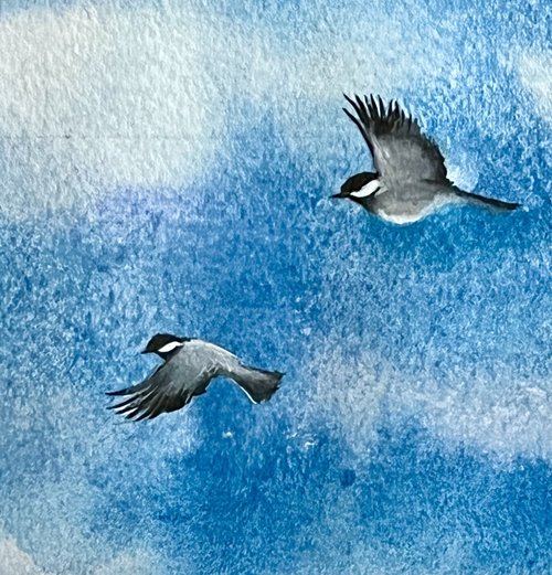 "Blue Skies - Chickadees" a small Original Watercolor Painting