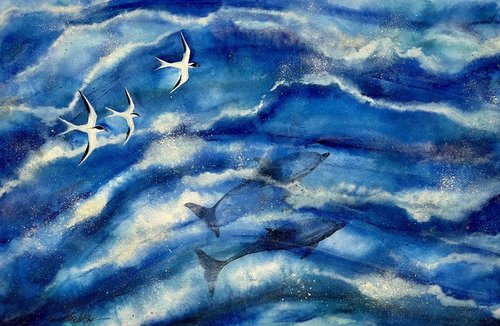 "Tides: Dolphins and Terns" an Original Watercolor Painting