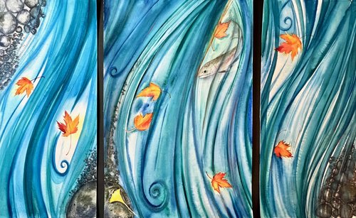 "Trout Currents" a Tryptic of 3 Original Watercolor Paintings