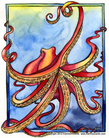 watercolor of red pacific octopus with arms out stretched on a watery blue back