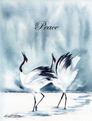 watercolor with two cranes in winter landscape with the word Peace