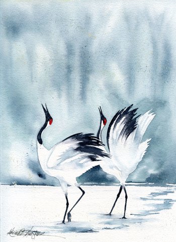 watercolor painting of two black and white Asian Cranes in a snowy landscape