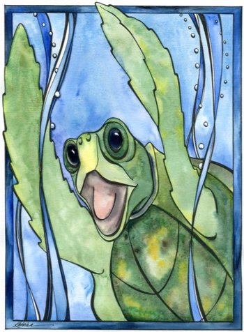 watercolor art of baby sea turtle with its front flippers up in a happy way