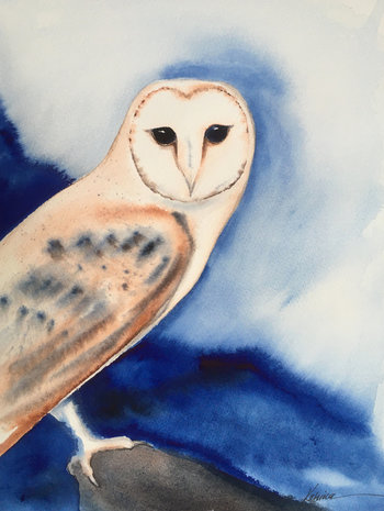 watercolor of perched Barn Owl with deep blue mountains in background
