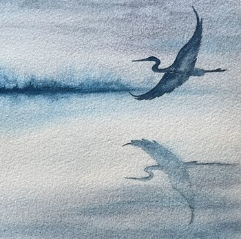 watercolor painting detail of heron in flight and reflection
