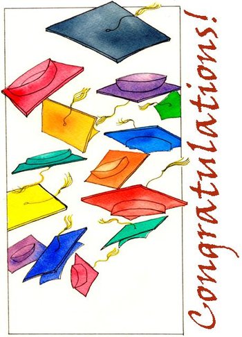 multi colored graduation caps fly across the white background "Congratulations"