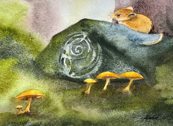 watercolor of small mouse on a carved stone moss and mushrooms