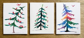 3 notecards with a different festive watercolor holiday tree on each
