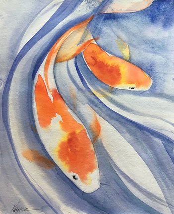 watercolor painting of orange and white fish swim in lavender waters