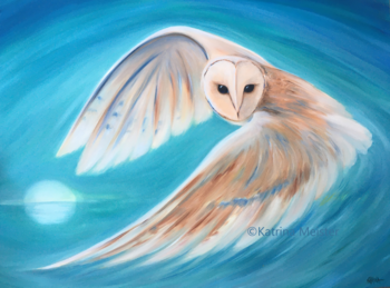 oil painting of barn owl in flight with moon and blue horizon