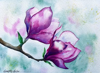 watercolor painting of 2 deep pink magnolia blossoms with spring green behind