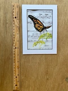 watercolor painting of butterfly on sheet music with ruler for size reference