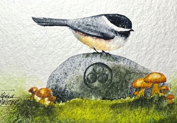 watercolor painting of small bird on engraved rock with moss and mushrooms