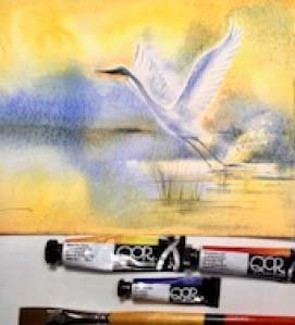 Watercolor Workshop -Back-lit Egret and poured paint effects