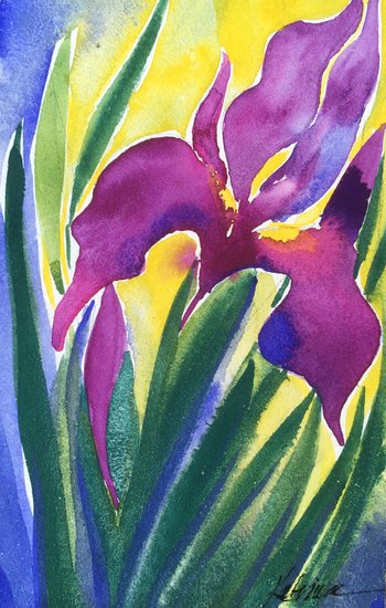 watercolor of purple iris blossom, buds and leaves with yellow behind