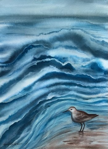 watercolor painting of sea bird on sand in front of layers of ocean waves