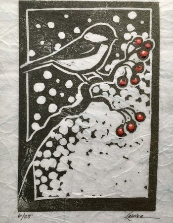 block print of chickadee with snow and red berries on artistically curvy branch
