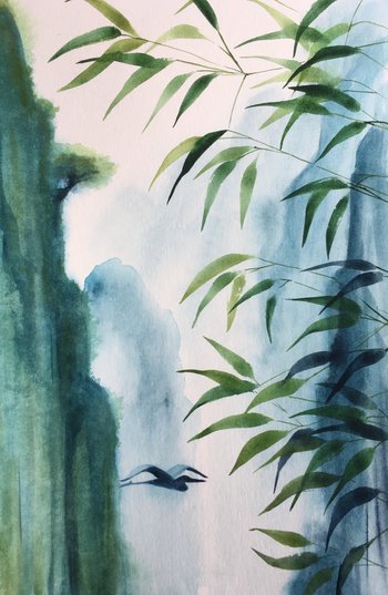 watercolor of blue and green, bamboo flying heron and soaring mountain cliffs