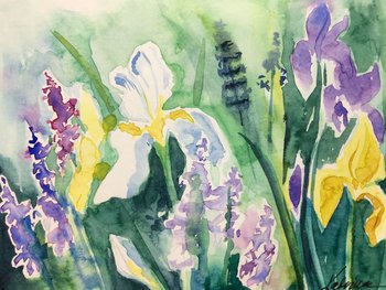 watercolor of white, purple and yellow blossoms in a washy green garden