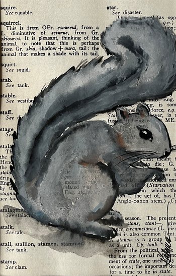 painting of grey squirrel on vintage page of text