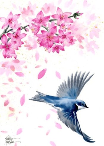 watercolor of pink flowering cherry branch and small bird in flight