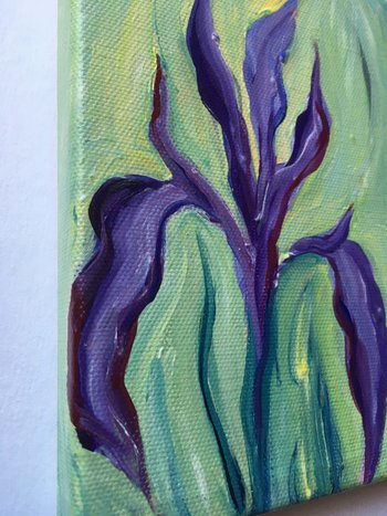 shows painted edges of Iris oil painting on canvas