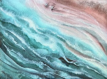 watercolor painting of waves and shore from above with seal and 2 birds