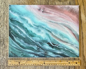 watercolor painting of waves from above shown with ruler for size reference