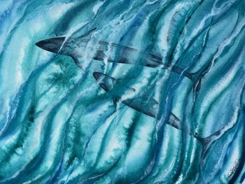 watercolor painting of waves and shore from above with 2 Fin whales