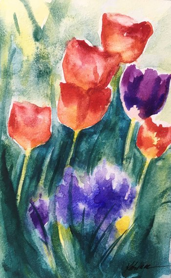 colorful spring bulbs with washy green background