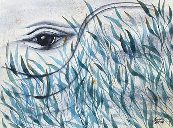 Watercolor painting of whale eye and sea grass