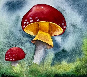 "Tiny Mushroom Glow" a very small original Watercolor Painting