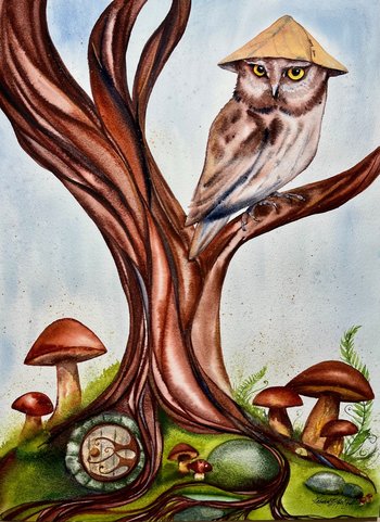 "Whiskered Owl: Hidden Stories" hand embellished fine art prints