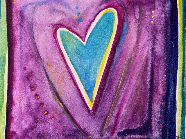 watercolor heart of blue and green on purple surround with decorations