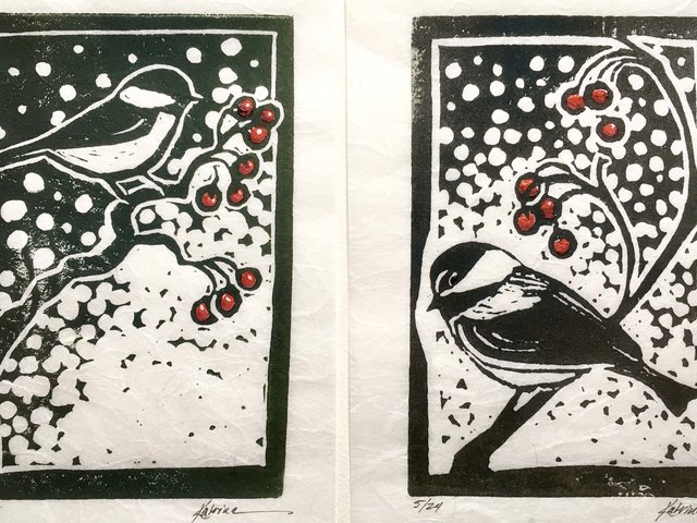 2 chickadee block prints with snowy background and red berries