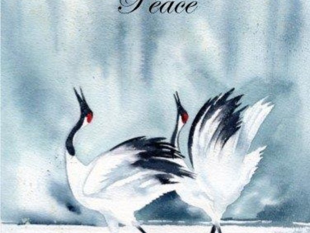 watercolor with two cranes in winter landscape with the word Peace