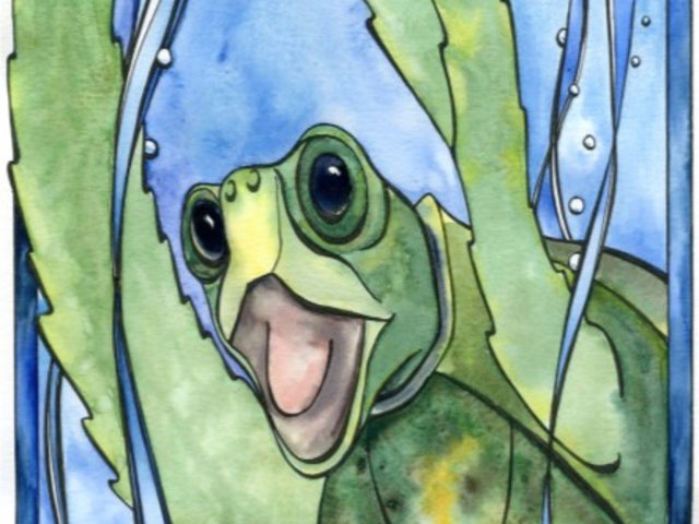 watercolor art of baby sea turtle with its front flippers up in a happy way