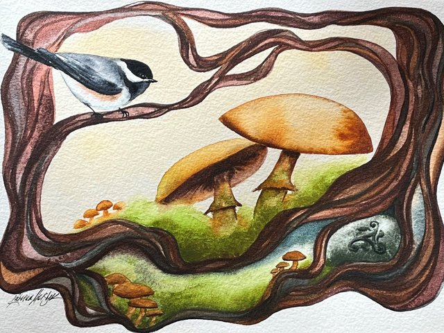 watercolor painting of forest floor scene with moss mushrooms and stone