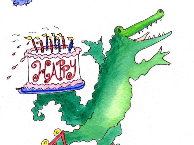 Crocodile on Wheels birthday card