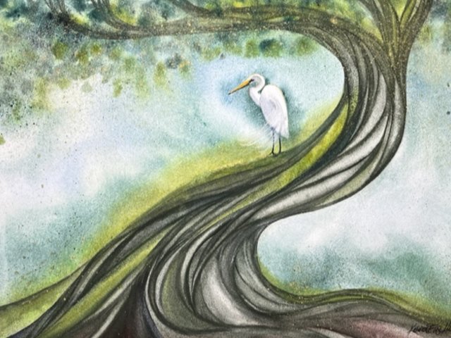 watercolor painting of egret in large twisty tree