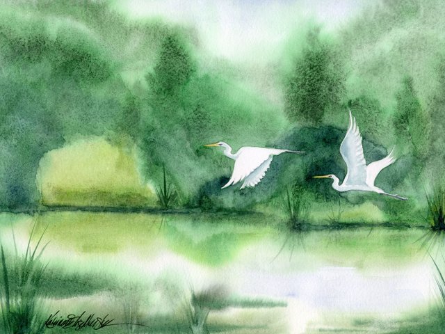 watercolor landscape of rich greens with white birds flying over water
