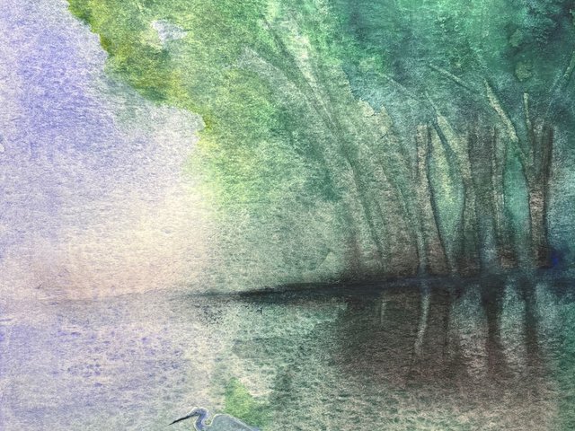 watercolor painting of watery landscape of egret and trees in green and lavender