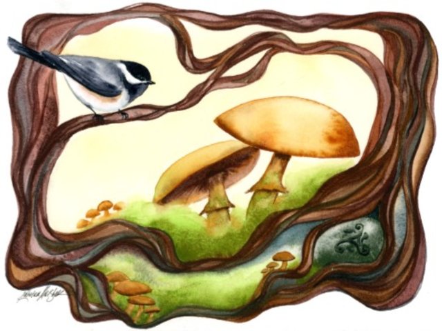 watercolor of chickadee on branches with mushrooms, moss and a hidden stone belo
