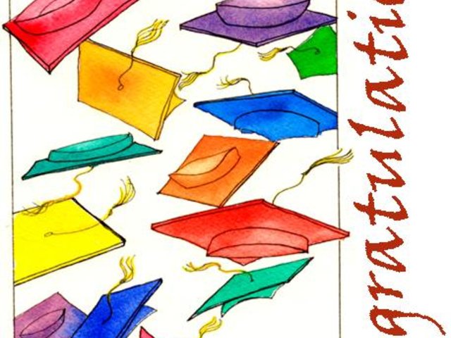 multi colored graduation caps fly across the white background "Congratulations"