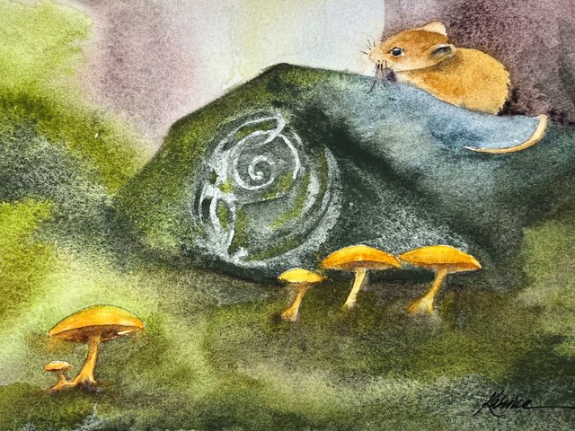 watercolor painting of tiny mouse, celtic stone, moss and mushrooms